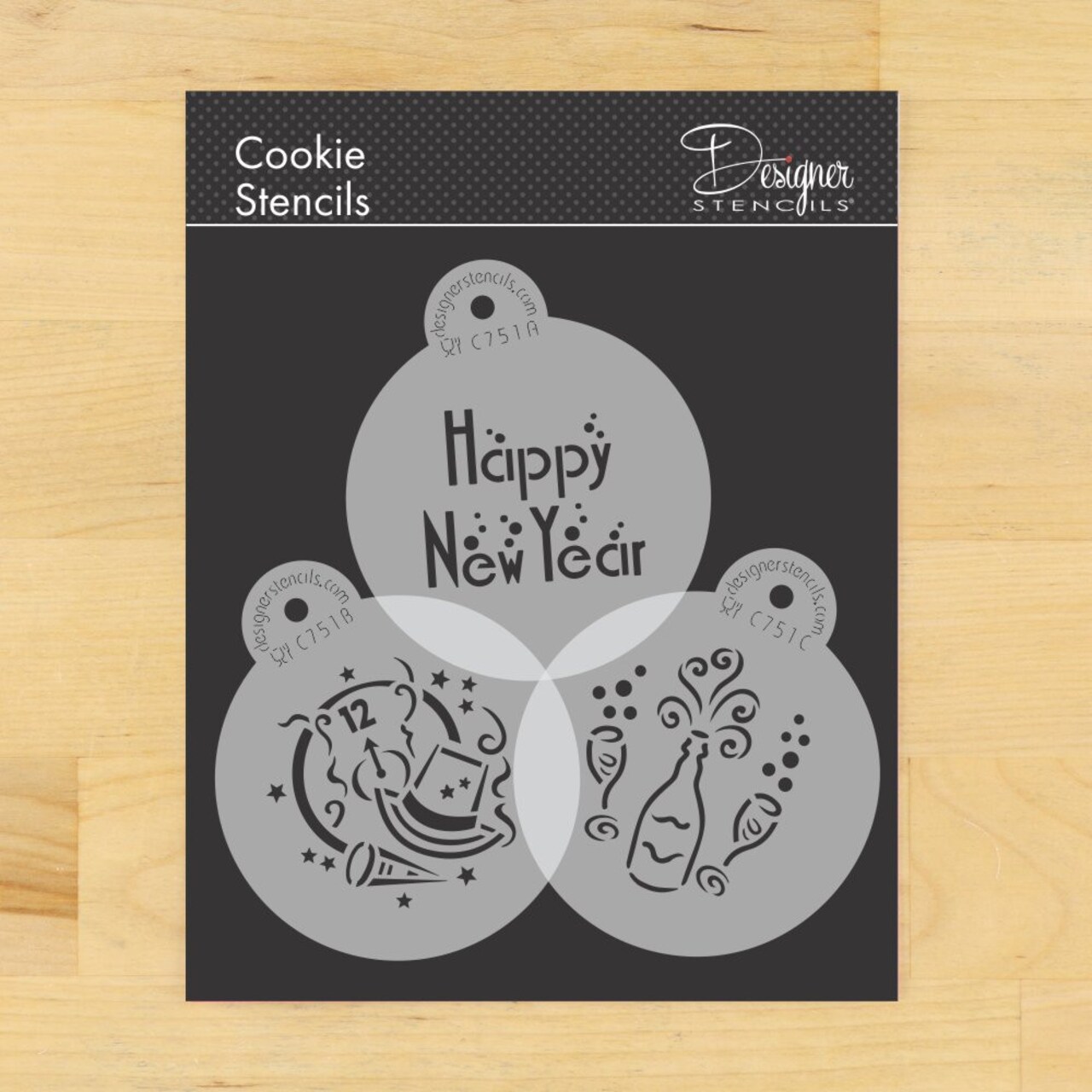Happy New Year Cookie Stencil | C751 by Designer Stencils | Cookie Decorating Tools | Baking Stencils for Royal Icing, Airbrush, Dusting Powder | Reusable Plastic Food Grade Stencil for Cookies | Easy to Use & Clean Cookie Stencil